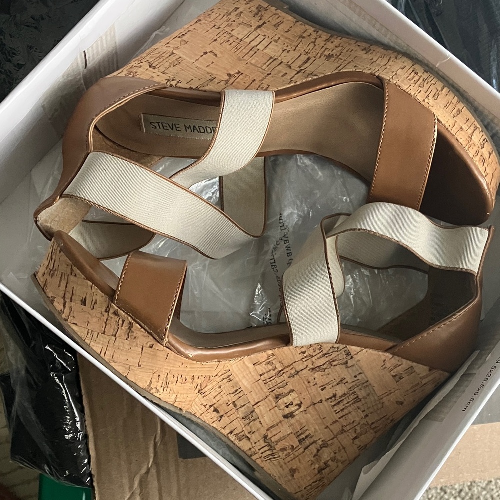 Steve Madden Brown and Cream Cork Wedges